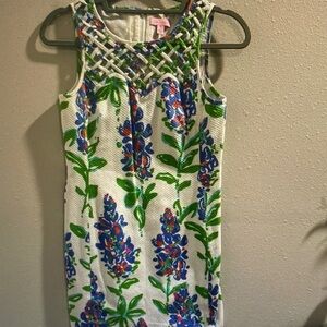 Lilly Pulitzer White Sleeveless Floral Shift with Lattice Yoke